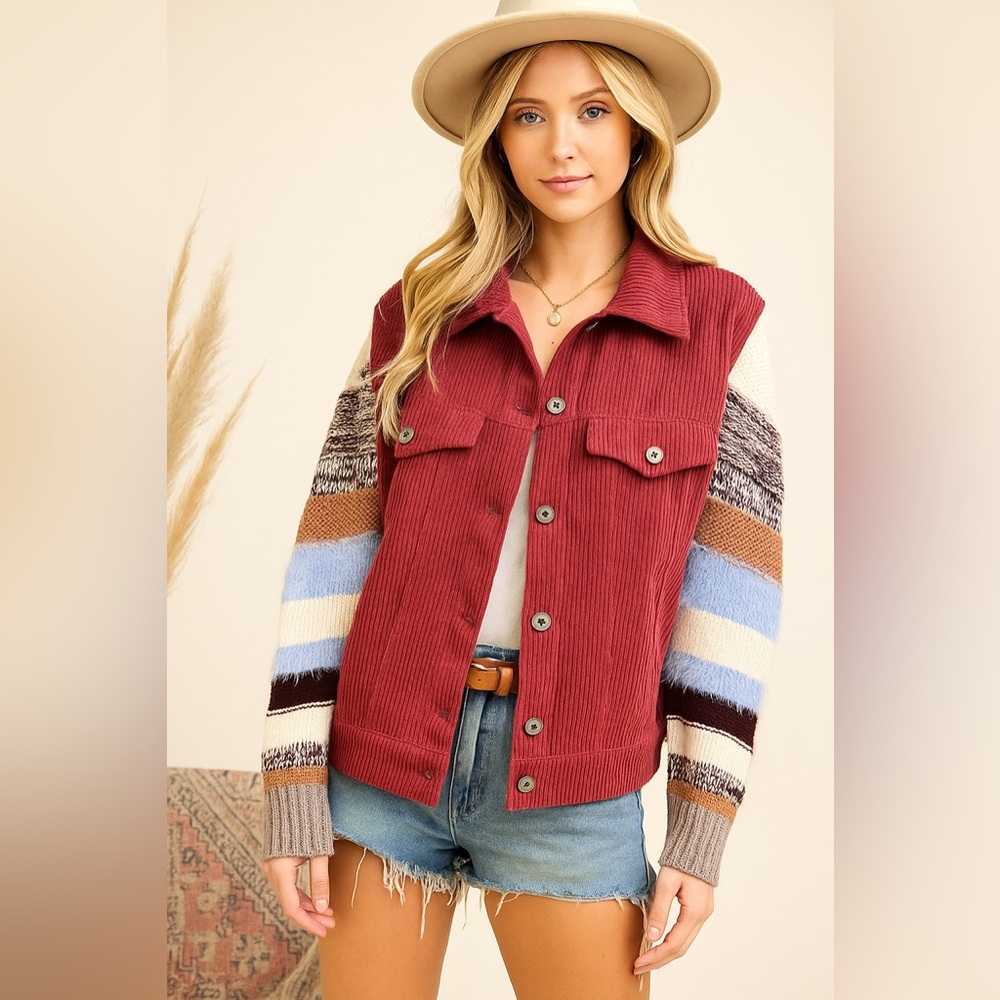 Umgee Burgundy Wide Wale Corduroy Button-Up Jacket